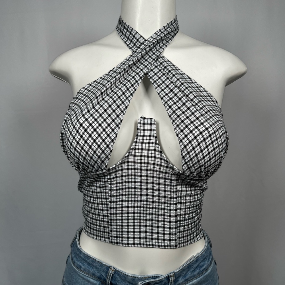 Black and White Checker Wrap Top Size Small